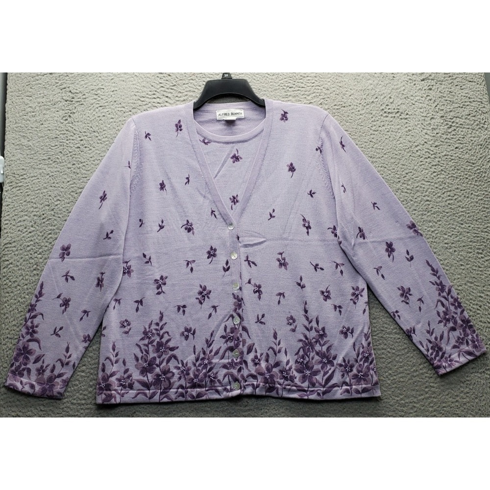 Alfred Dunner Twin Set Cardigan Womens Large Purple Floral Beaded Button Front